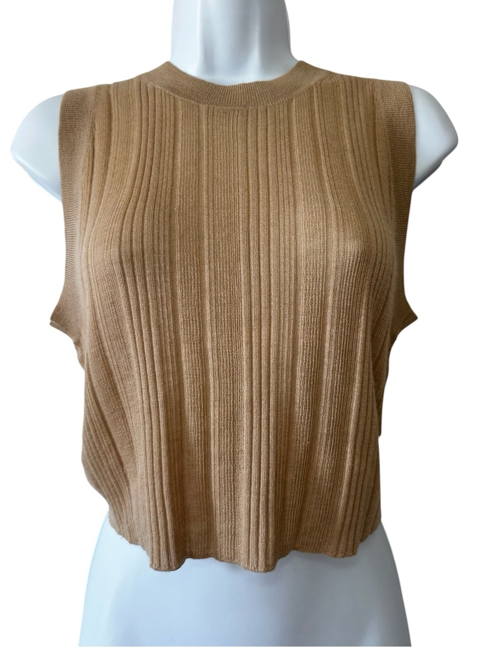 A.L.C. Women’s Camel Ribbed Sleeveless Crew Neck 100% Cashmere Tank Top- Medium
